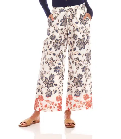 Karen Kane Drawstring Cropped Poplin Print Wide Leg Pants In Multi