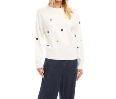 Karen Kane Ellery Embroidered Daisy Crewneck Sweater In Off-white