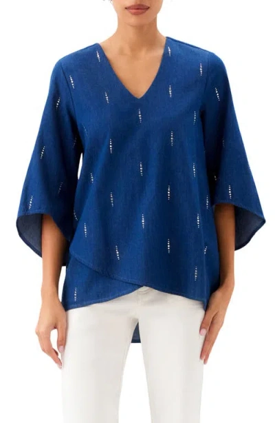 Karen Kane Bracelet Sleeve Embellished Asymmetric Top In Blue
