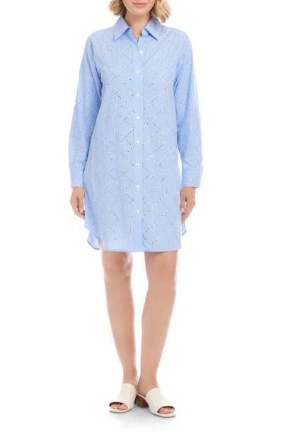 Karen Kane Stripe Roll-tab Embellished Shirtdress In Blue With Off White