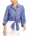 Karen Kane Tie Front Embellished Pinstripe Button-up Shirt In Stripe