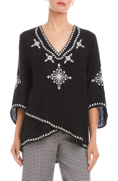 Karen Kane Embroidered Asymmetric Hem Linen Blend Top In Black