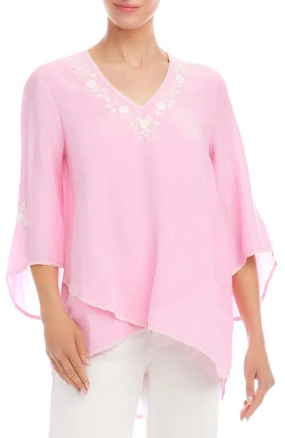 Karen Kane Embroidered Asymmetric Hem Linen Blend Top In Pink