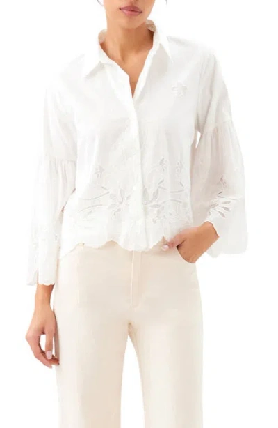 Karen Kane Embroidered Bell Sleeve Cotton Button-up Shirt In White