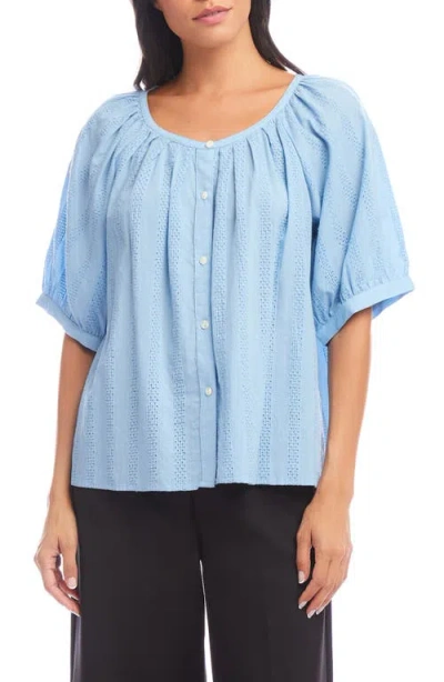 Karen Kane Embroidered Cotton Button-up Peasant Top In Blue