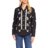 Karen Kane Long Sleeve Embroidered Shirt In Black With Tan In Black