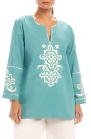 Karen Kane Embroidered Cotton Button-up Shirt In Cream-green