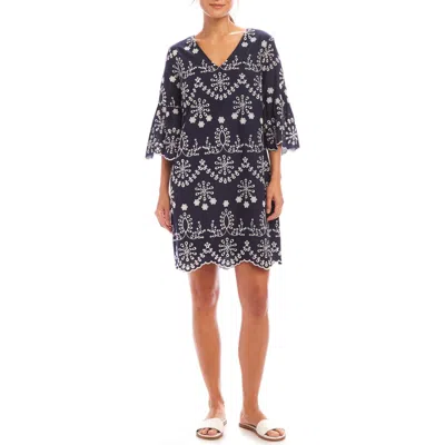 Karen Kane Flare Sleeve Embroidered Dress In Navy With Off White In Blue