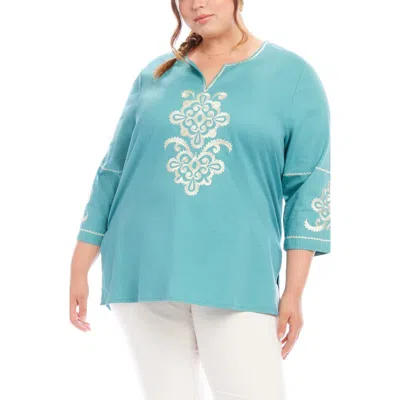 Karen Kane Embroidered Cotton Tunic Top In Aqua