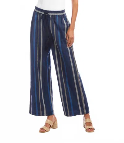 KAREN KANE EMBROIDERED CROPPED DRAWSTRING PANTS IN BLUE MULTI-STRIPE