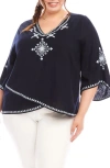 Karen Kane Embroidered Crossover Linen Blend Top In Navy