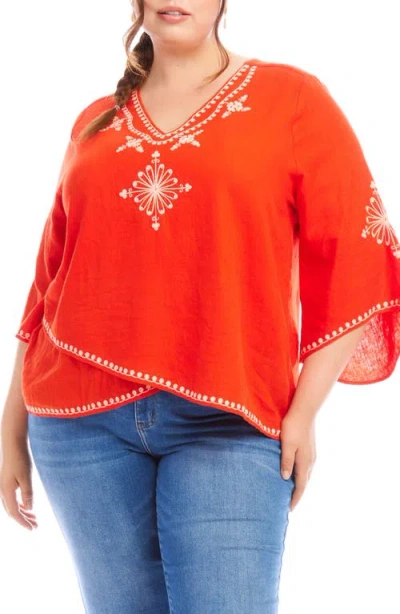 Karen Kane Embroidered Crossover Linen Blend Top In Orange