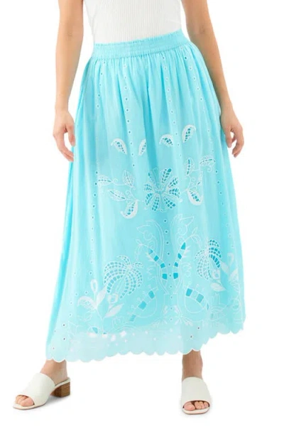 Karen Kane Embroidered Eyelet Cotton Midi Skirt In Blue