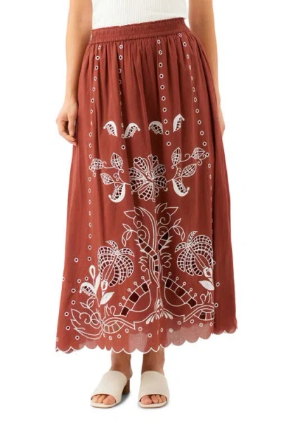 Karen Kane Embroidered Eyelet Cotton Midi Skirt In Burgundy