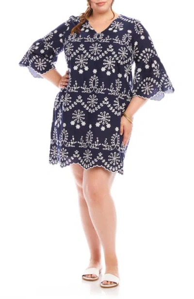 Karen Kane Embroidered Flare Sleeve Cotton Dress In Blue