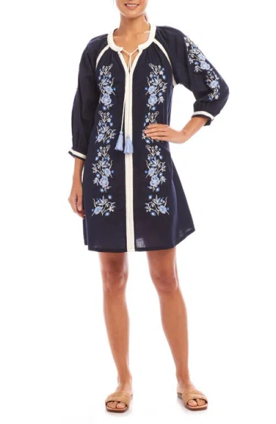 Karen Kane Embroidered Floral Peasant Dress In Navy