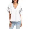 Karen Kane Embroidered Flutter Sleeve Organic Cotton Top