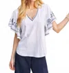 Karen Kane Embroidered Flutter Sleeve Top In Off White In White