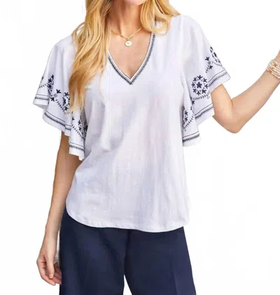 Karen Kane Embroidered Flutter Sleeve Top In Off White