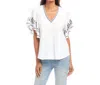 Karen Kane Embroidered Flutter Sleeve Organic Cotton Top In White