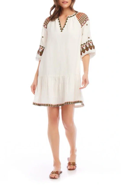 Karen Kane Embroidered Linen Blend Dress In White Multi Colour