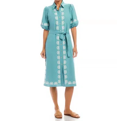 Karen Kane Embroidered Linen Blend Shirtdress In Aqua