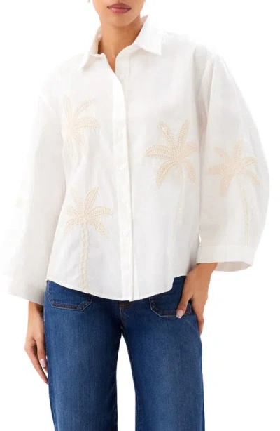 Karen Kane Embroidered Palm Tree Cotton Button-up Shirt In White