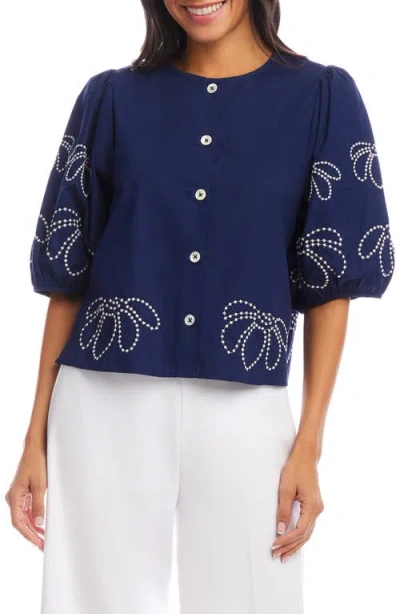 Karen Kane Embroidered Puff Sleeve Shirt In Blue