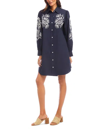 Karen Kane Floral Embroidery Long Sleeve Cotton Shirtdress In Blue
