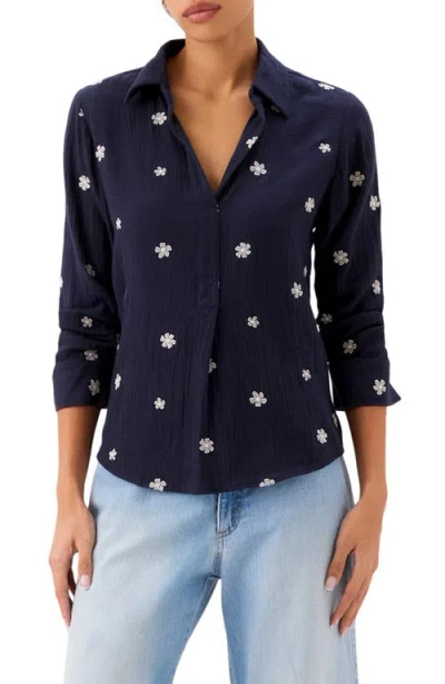 Karen Kane Embroidered Ruched Sleeve Cotton Gauze Shirt In Multi