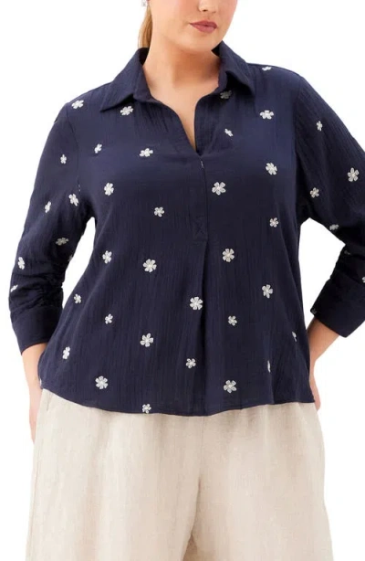 Karen Kane Embroidered Ruched Sleeve Shirt In Blue