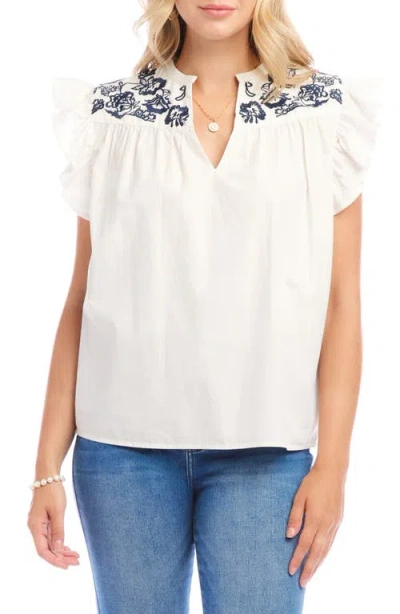 Karen Kane Embroidered Ruffle Sleeve Top In White