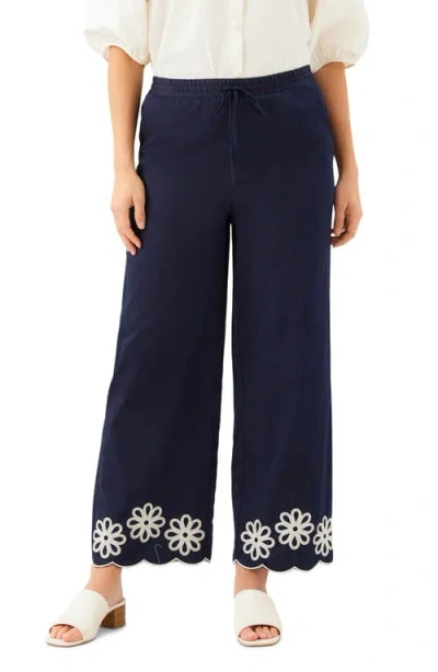 Karen Kane Embroidered Scallop Drawstring Cotton Pants In Blue