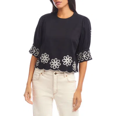 Karen Kane Embroidered Scallop Puff Sleeve Cotton Top
