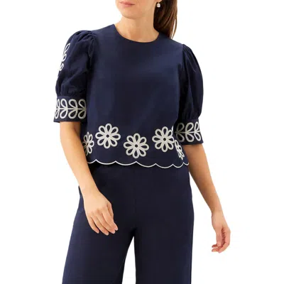 Karen Kane Embroidered Scallop Puff Sleeve Cotton Top In Blue