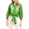 Karen Kane Blouson Sleeve Embroidered Tie-front Top In Green
