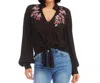 Karen Kane Embroidered Tie Front Top In Black In Black