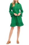 Karen Kane Embroidery & Eyelet Detail Long Sleeve Linen Blend Dress In Green