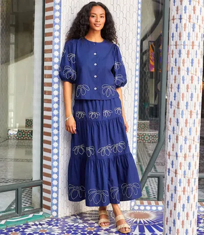 Karen Kane Emely Embroidered Puff Sleeve Shirt In Navy In Blue