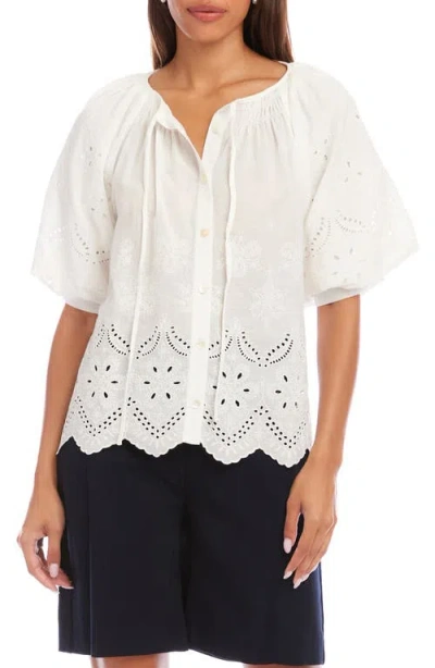 Karen Kane Eyelet Embroidered Cotton Button-up Top In White