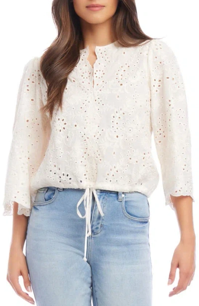 Karen Kane Eyelet Embroidered Drawstring Hem Cotton Top In Ivory