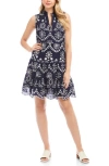 Karen Kane Sleeveless Eyelet Dress In Navy/off White