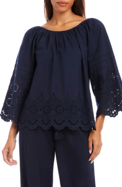 Karen Kane Flare Sleeve Embroidered Scallop Edge Peasant Top In Navy In Blue