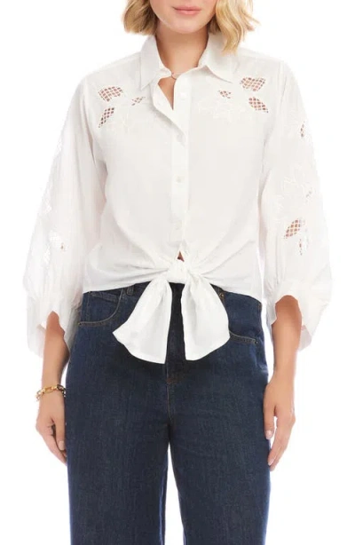 Karen Kane Eyelet Embroidery Tie Front Shirt In White