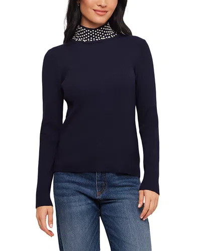 Karen Kane Faux Peal Embellished Turtleneck Ribbed Sweater In Blue