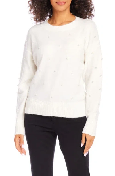 Karen Kane Faux Pearl Embellished Crewneck Sweater In Cream