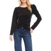 Karen Kane Faux Suede Shirred Long Sleeve Top In Black