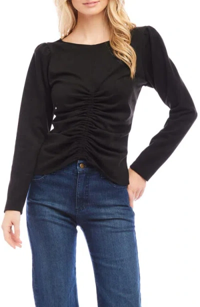 Karen Kane Faux Suede Shirred Long Sleeve Top In Black
