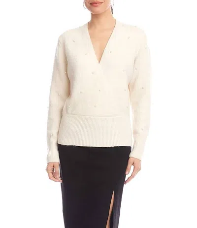 Karen Kane Faux Wrap Pearl Embellished Sweater In Cream In Multi