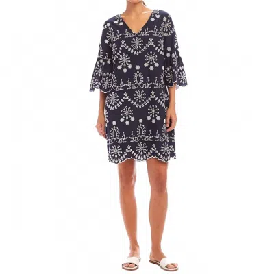Karen Kane Flare Sleeve Embroidered Dress In Navy With Off White In Multi